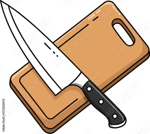 Vector art of knife and cutting board for food preparation