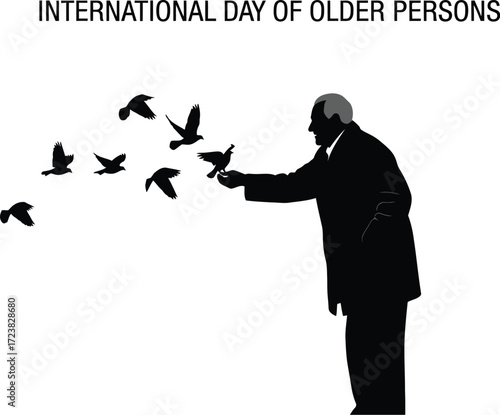 Vector art of silhouette of old man feeding birds with text International Day of Older Persons