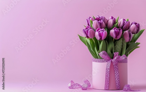 Purple Tulips in a Round Pink Vase With Ribbon on a Soft Pink Background