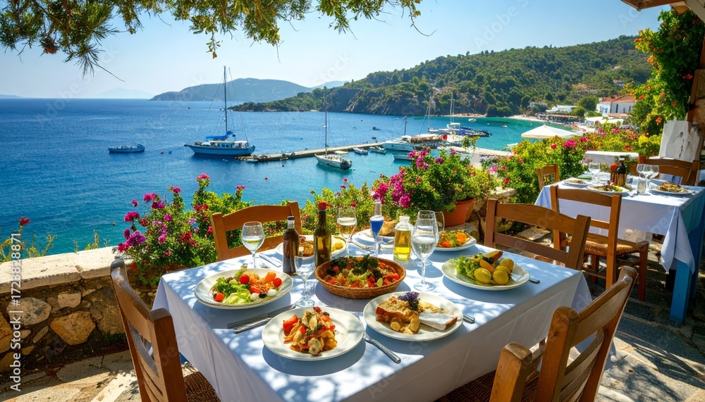 Obraz premium Greek seaside tavern table set on a sunny port with traditional food