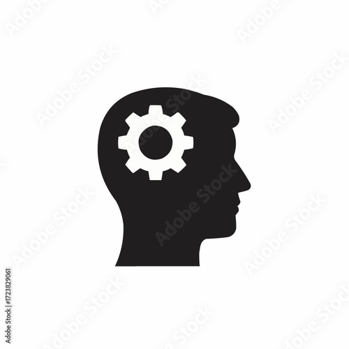 Vector illustration of human head silhouette with cogwheel symbolizing thought process