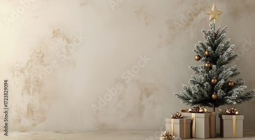 Beautifully Decorated Christmas Tree With Gold Ornaments and Gifts on a Neutr...