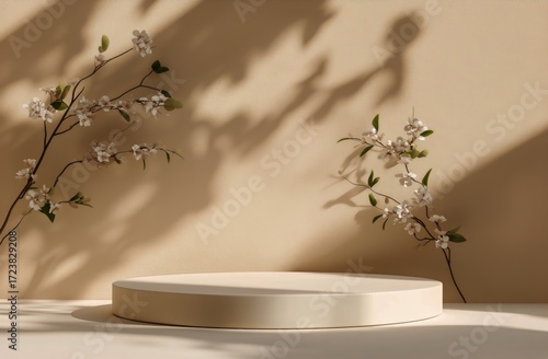 Floral Display With Soft Shadows and a Circular Pedestal in a Neutral Setting