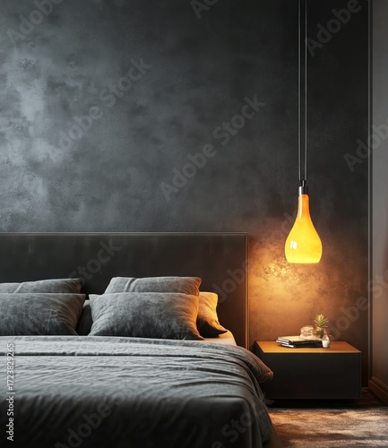 Cozy Modern Bedroom With Stylish Pendant Light and Dark Wall Design