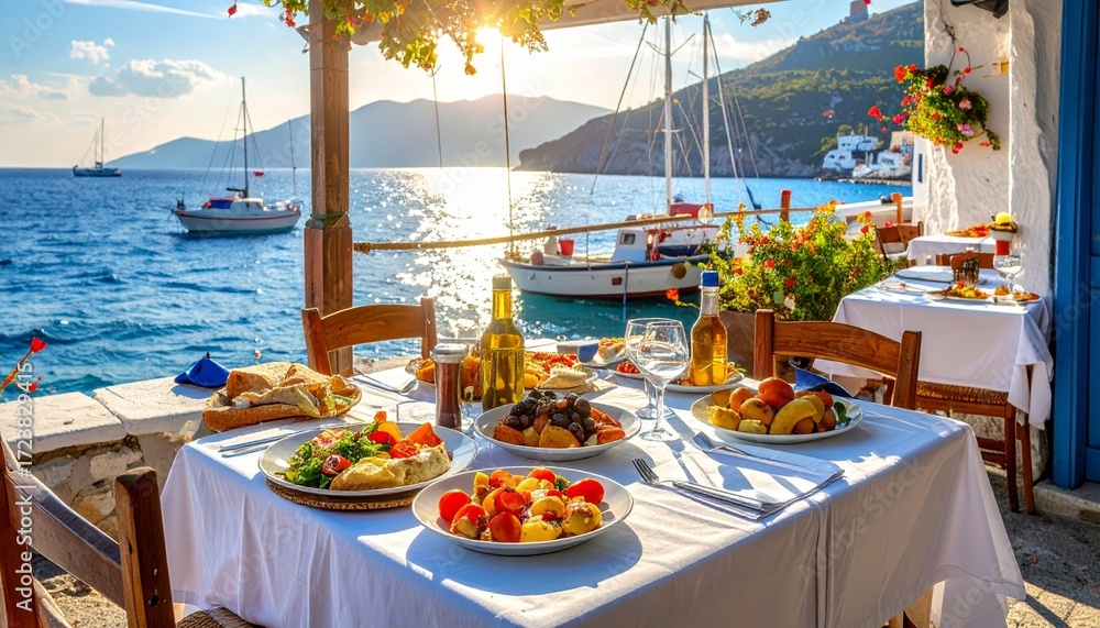Fototapeta premium Greek seaside tavern table set on a sunny port with traditional food