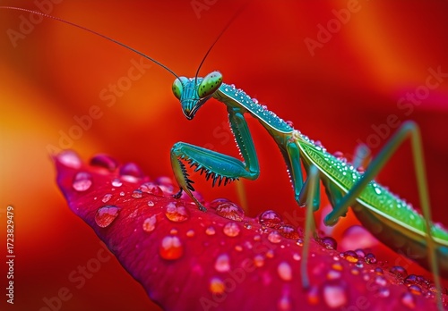Colorful Insect Resting on a Petal Covered in Droplets After Rain
