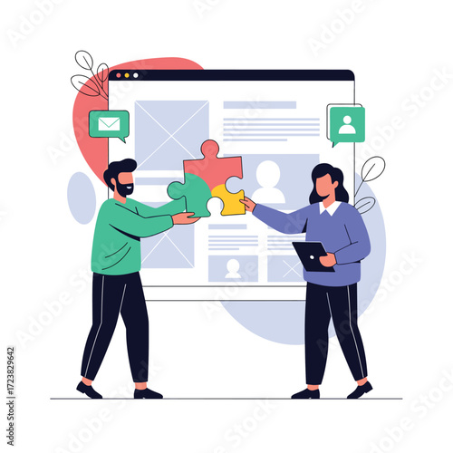 Two people completing a puzzle on a computer screen illustration.