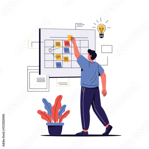 A person is updating a project management board with sticky notes.