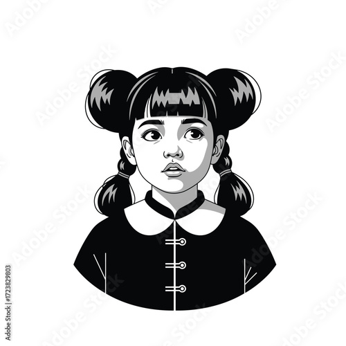 A young girl with styled hair and buttoned collar looks up thoughtfully.