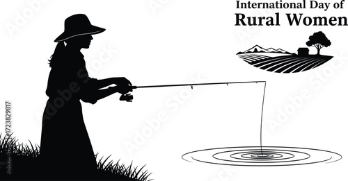 Vector art of silhouette of woman fishing in lake for International Day of Rural Women