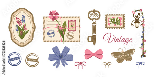 A trendy vintage flirty set. Vector elements for invitations, greeting cards, and more with bows and ribbons.