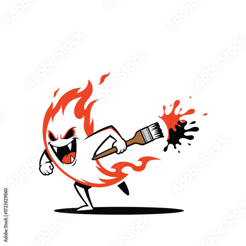 A fiery cartoon character with fangs and angry eyes runs while holding a paintbrush that is splattering red and black paint.