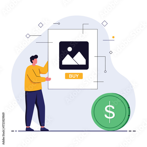 Man holding a digital art piece with a buy button and dollar coin nearby.