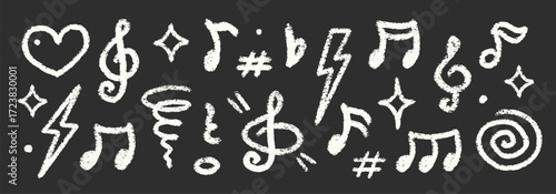 Chalk Blackboard Musical Notes Vector Set. Crayon Scribble Music Symbol Shapes Collection White Color Hand Drawn Brush Texture Treble Clef Pencil Emphasis Elements. Charcoal Doodle Audio Icons Bundle