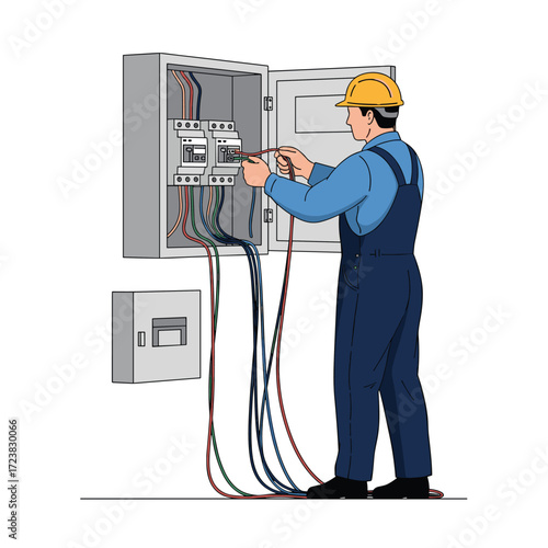 An electrician is carefully working on an electrical panel and its wires.