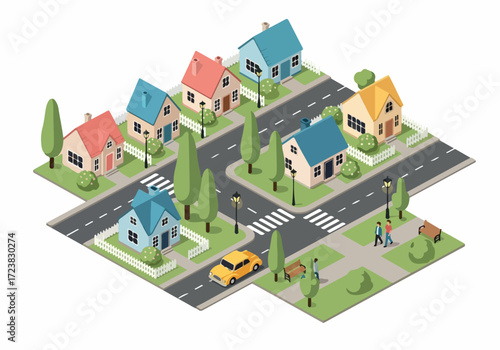 Isometric map of a city neighborhood with streets, cars, houses, and trees, representing navigation, real estate, and community plan