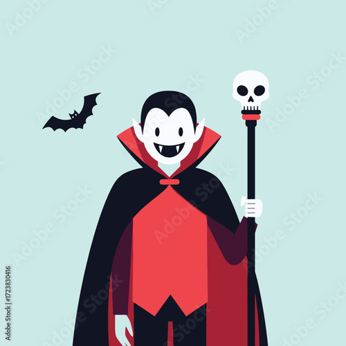 A friendly vampire in a cape holding a skull staff with a bat flying