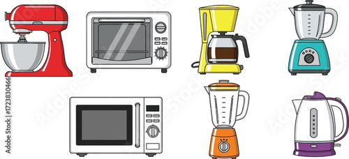 A set of kitchen appliance illustrations including a stand mixer, toaster oven, coffee maker, blender, microwave, and electric kettle, depicted with vibrant colors