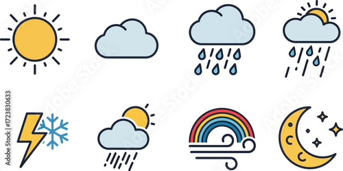 A set of eight colorful weather icons depicting various atmospheric conditions like sun, clouds, rain, storms, rainbows, and a moon