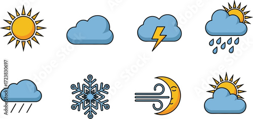 A compilation of eight distinct, colorful weather icons representing various atmospheric phenomena including sunshine, clouds, lightning, rain, snowflakes, and wind