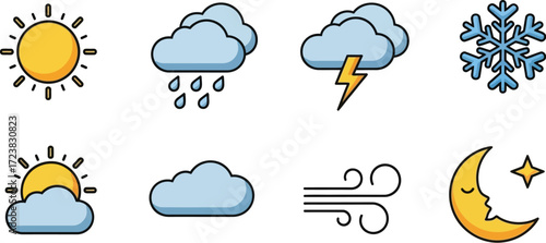 An assortment of eight weather icons showcasing different atmospheric states such as sun, rain, thunderstorms, snowflakes, partly cloudy skies, wind, and a crescent moon with a star