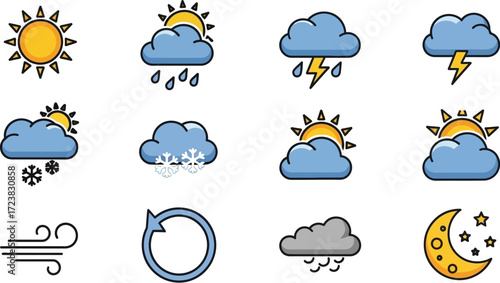 A diverse set of twelve weather icons illustrating various conditions such as sun, rain, thunderstorms, snow, partly cloudy, wind, a refresh symbol, and a crescent moon with stars