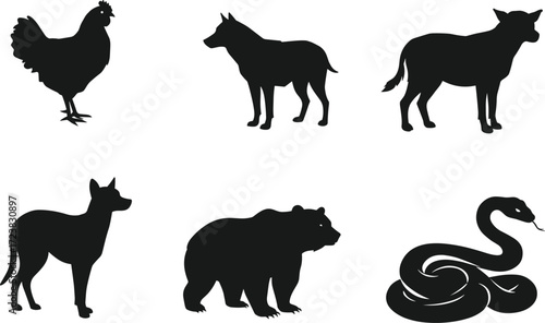Silhouette vector illustration of farm animals, wild animals and reptiles including chicken, dogs, cow, bear, and snake isolated.