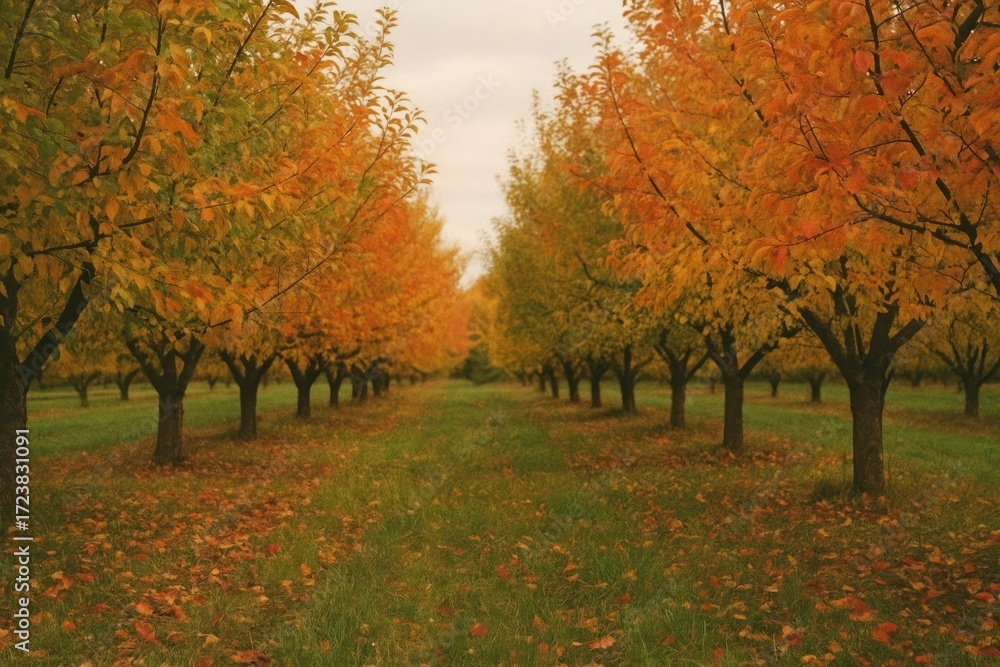 Fototapeta premium Vibrant autumn orchard landscape view.