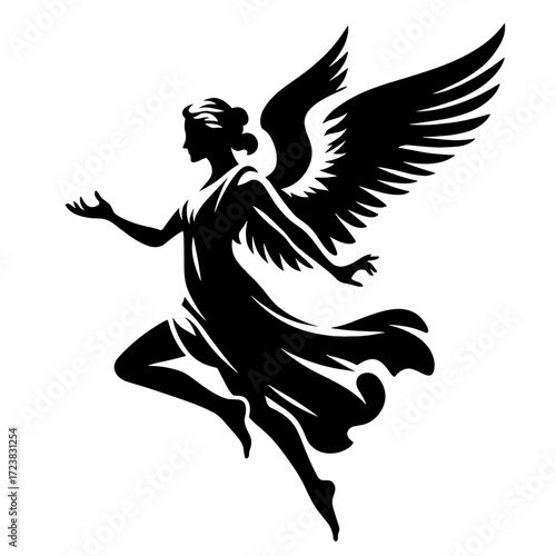 Black silhouette of flying angel with open wings on transparent background