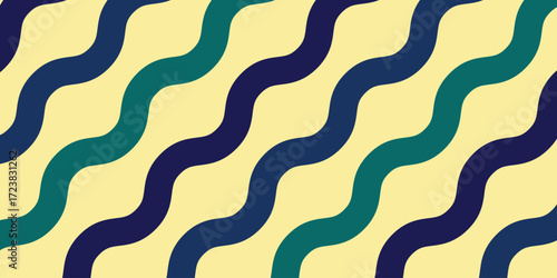Smooth diagonal wave pattern in cool blue and teal, seamlessly repeating on a light yellow background, offering a versatile abstract design element