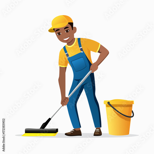 A professional Black janitor or cleaner cartoon character mopping the floor with a mop and bucket.