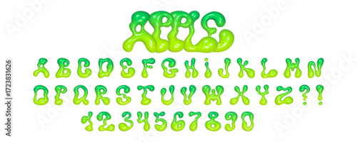 Wavy 3D font featuring liquid letters and numbers with a glossy reflective texture creates a vibrant visual display perfect for creative designs