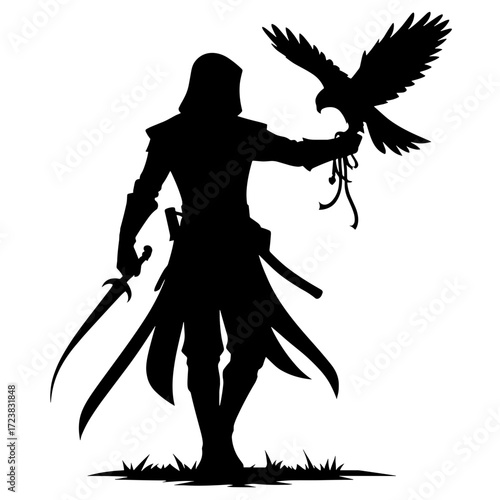 Falconer with bird on hand, black silhouette vector on transparent background