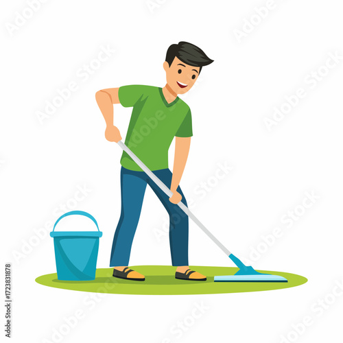 Vector illustration of a young man mopping the floor, doing household chores with a mop and bucket.