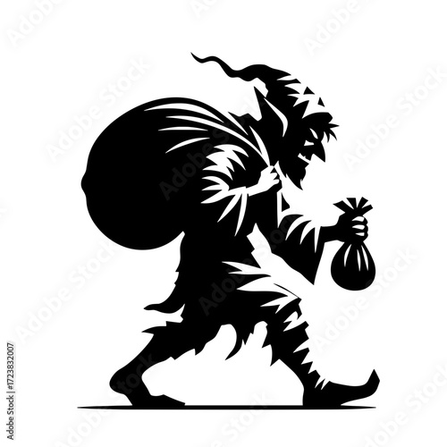 Goblin carrying a sack black silhouette vector on transparent background