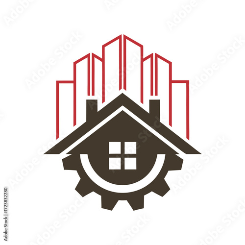 Brown house roof with gear and red building outlines logo vector