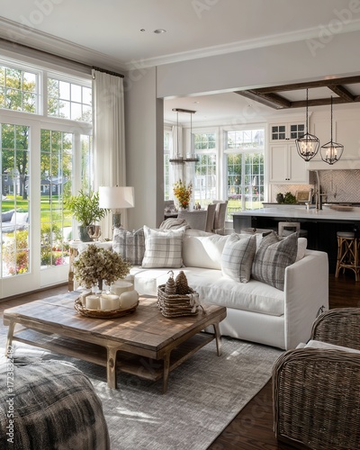 An open-plan design connecting the living room and kitchen in a luxury modern home. Perfect for interior design, real estate, architecture projects, and lifestyle inspiration content.