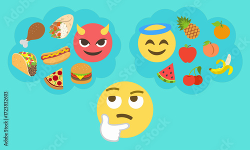 Vector illustration of a thinking emoji face imagining healthy fruits with angel emoji and fast food with devil emoji. Concept of diet, food choice, temptation, nutrition, and lifestyle decision.