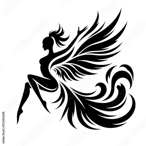Phoenix woman, black silhouette vector on transparent background, isolated phoenix