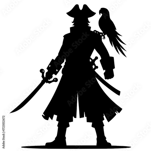 Pirate with a parrot, black silhouette vector on transparent background