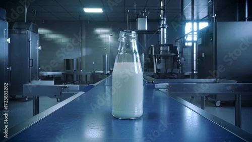Glass milk bottle factory conveyor with fresh dairy production, sterile glass bottle clean production line, cool industrial lighting and calm