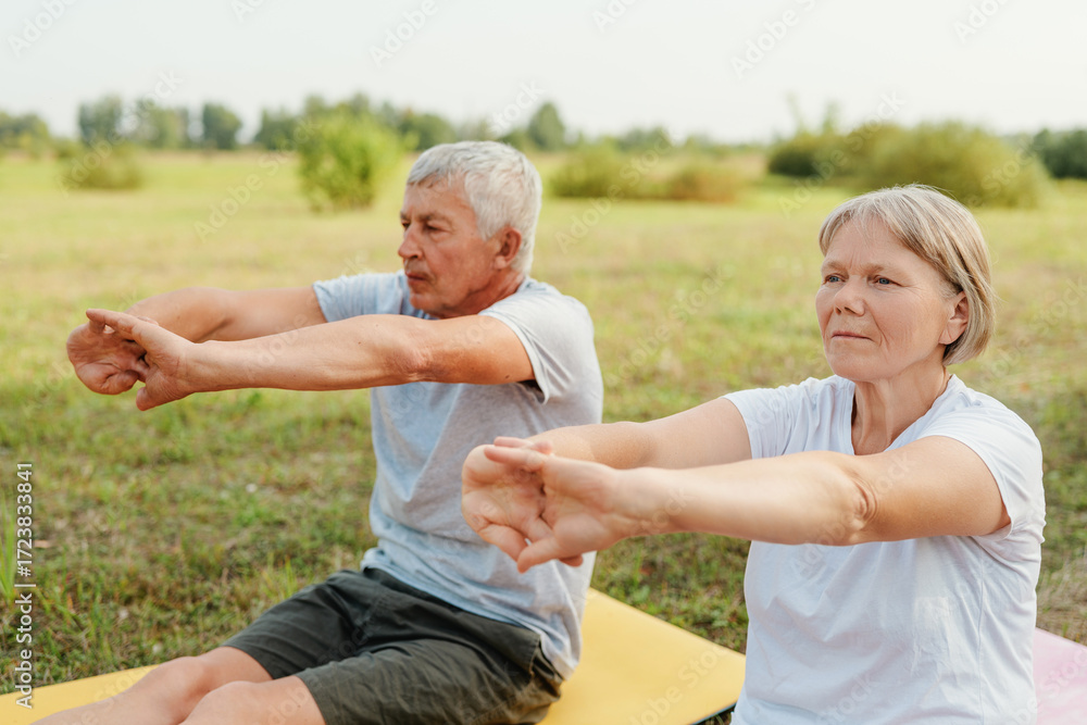 Fototapeta premium Two older adults engage in stretching exercises on mats in a peaceful park, enjoying the warmth of a sunny day together