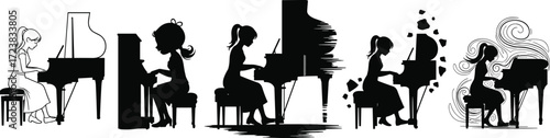 Pianist illustration, grand piano art, black and white, creative style, musical expression, abstract design, vector artwork, performance, entertainment, silhouette