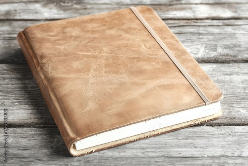 A rustic, leather-bound journal rests on a weathered wooden surface, exuding a sense of craftsmanship and timeless appeal.