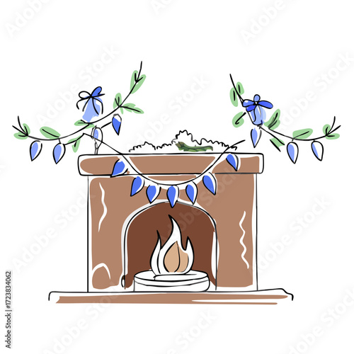 Cozy fireplace with blue holiday decorations and flames  