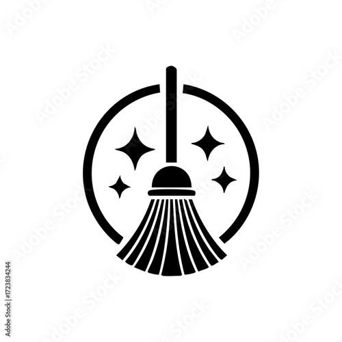 Broom with sparkles inside a circle, representing home cleaning, hygiene, and professional maid services.
