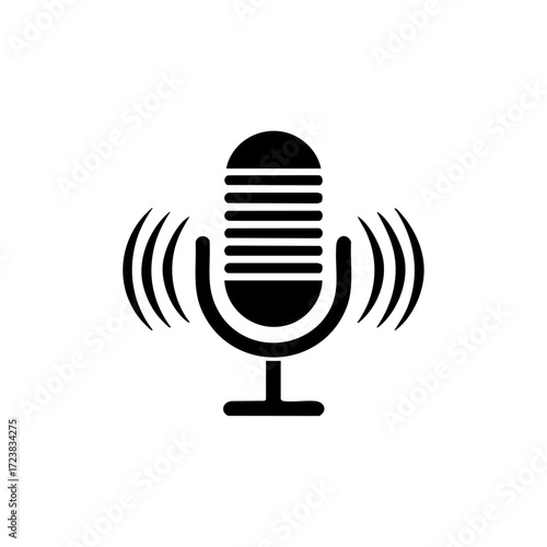 Microphone with sound waves representing podcasting, audio content, and broadcasting.