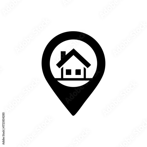 Location pin with house symbol representing real estate services, rentals, and property search.