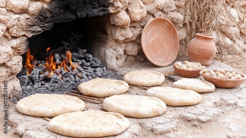 Traditional bread being baked in a stone oven with firewood, alongside clay pots and baked goods, showcasing an ancient cooking method.