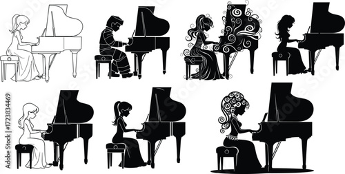 Pianist silhouette, grand piano, black and white, music performance, seated pose, artistic style, vector art, concert vibe, entertainment, illustration